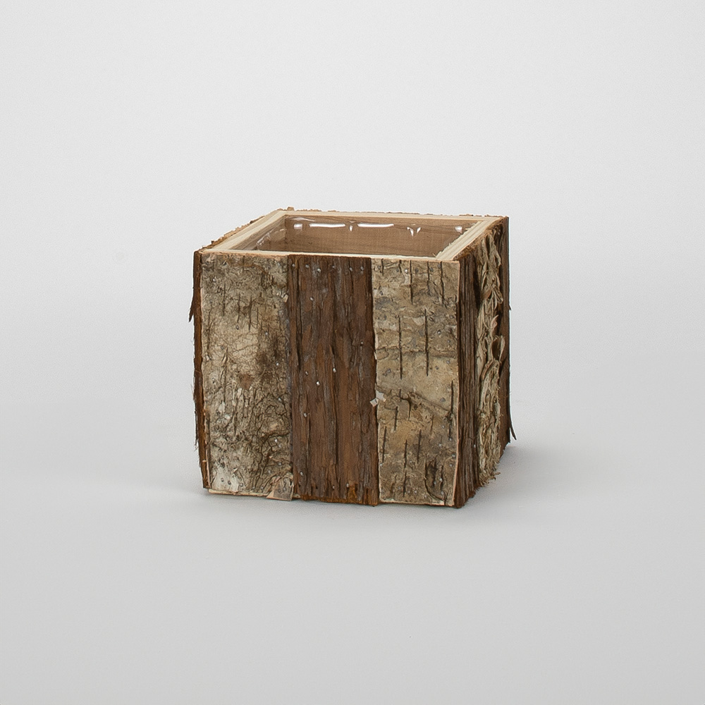 Square Wood Planter Covered in Raw Bark